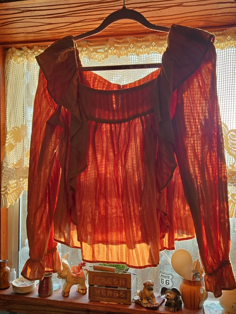 Romantic, Boho, Peasant; Terracotta hue,  soft cascading Ruffles, Cotton Blouse